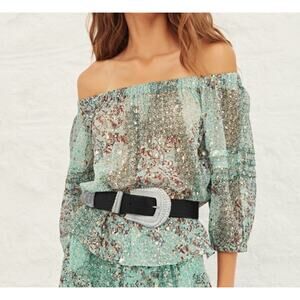 Ba&sh Paris Olga Off The Shoulder Chiffon Blouse Sheer Floral Green Top US 6